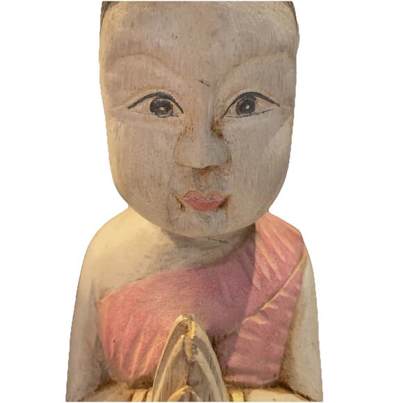 Vintage Hand Carved Asian Praying Kneeling Wooden Hand Painted Statue 11" - Picture 6 of 7